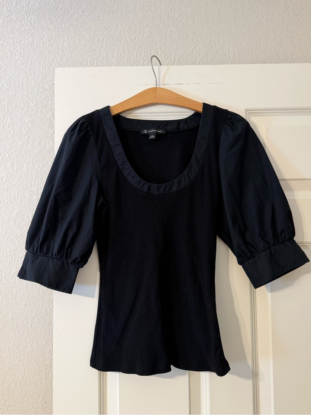 INC International Concepts Black Puff Sleeve Scoop Neck Cotton Top Size Medium
